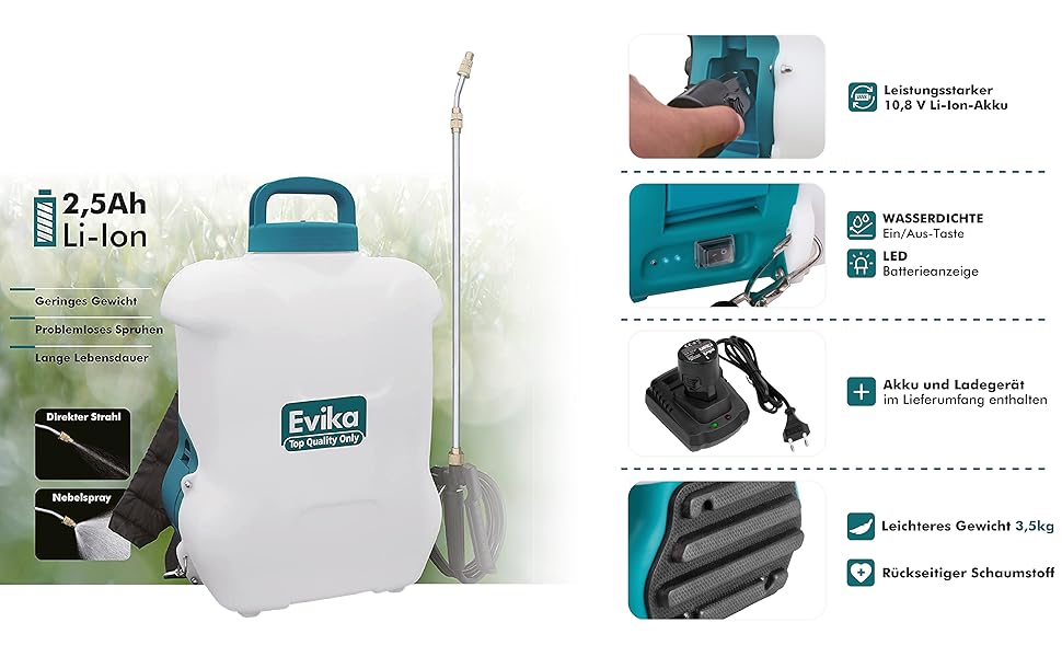 Акумуляторний обприскувач EVIKA 16 л для саду, виноградників і газону, ранцевий, з телескопічною штангою 110 см, електричний садовий розпилювач для гербіцидів і добрив