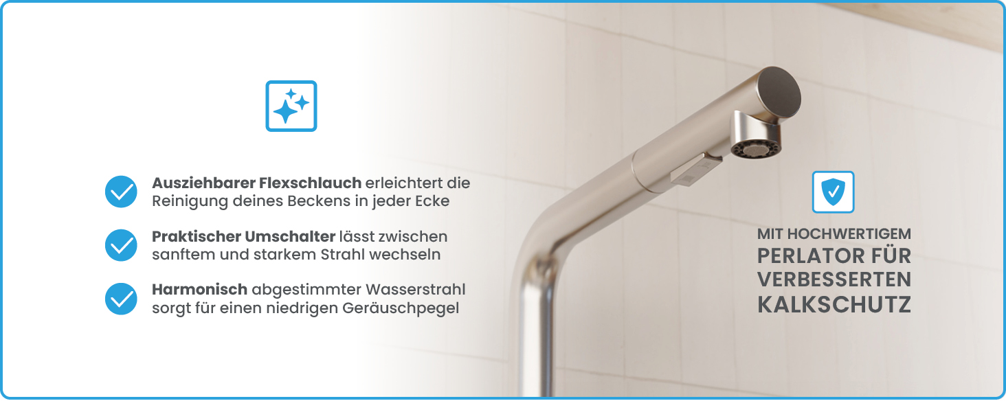 Кухонний змішувач Bächlein Varvaro – поворотний на 360° з висувним шлангом та душем – нержавіюча сталь