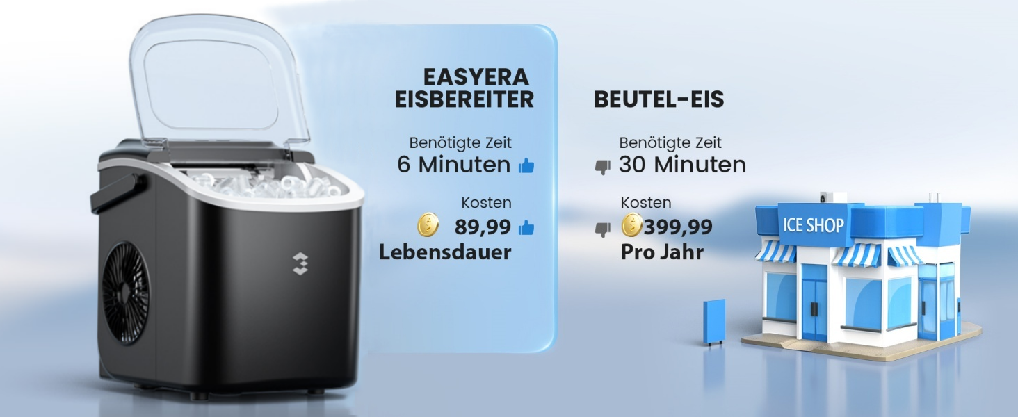 Льодогенератор EASYERA портативний, 12 кг/24 год, швидке виробництво льоду (6 хв), 2 розміри кубиків, самоочищення, для дому, офісу, бару, вечірок - чорний