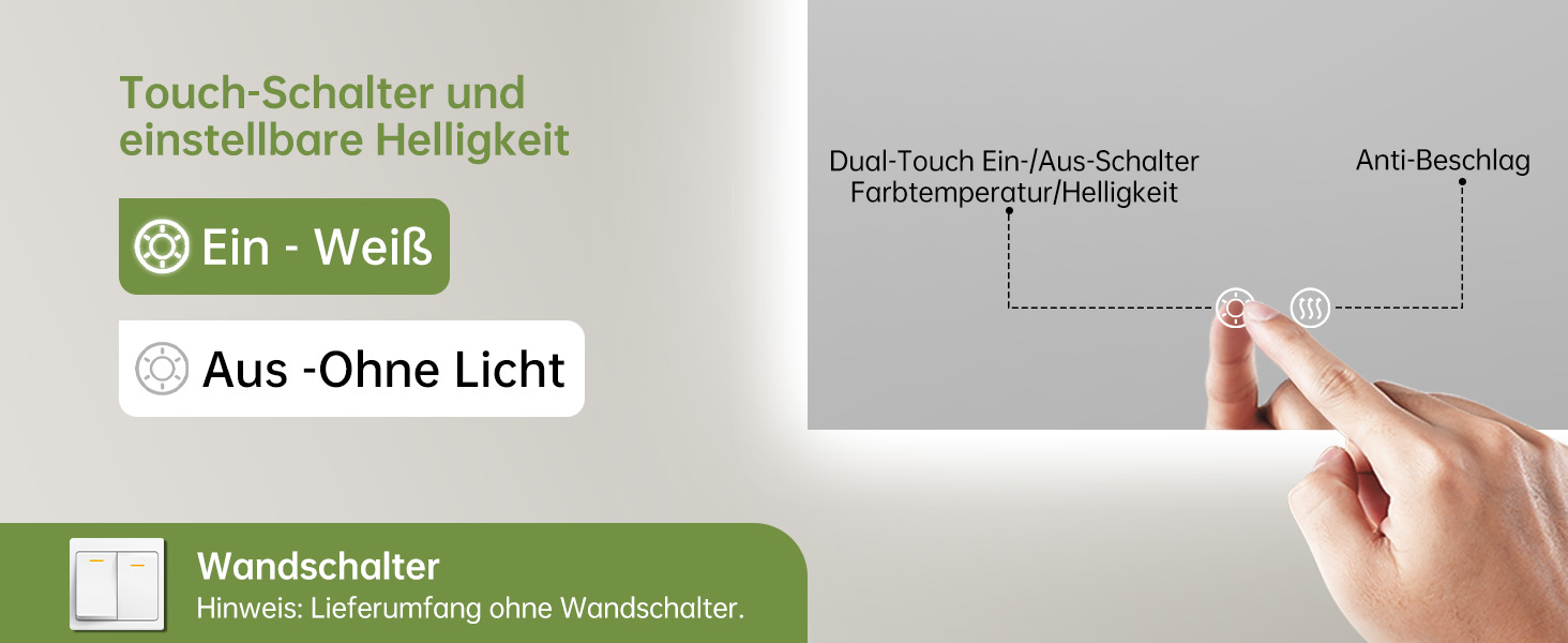 Дзеркало для ванної кімнати з підсвічуванням, арочне, без рами, 75x50 см. Touch-вимикач, регулювання яскравості, 3 кольори світла, антизапар