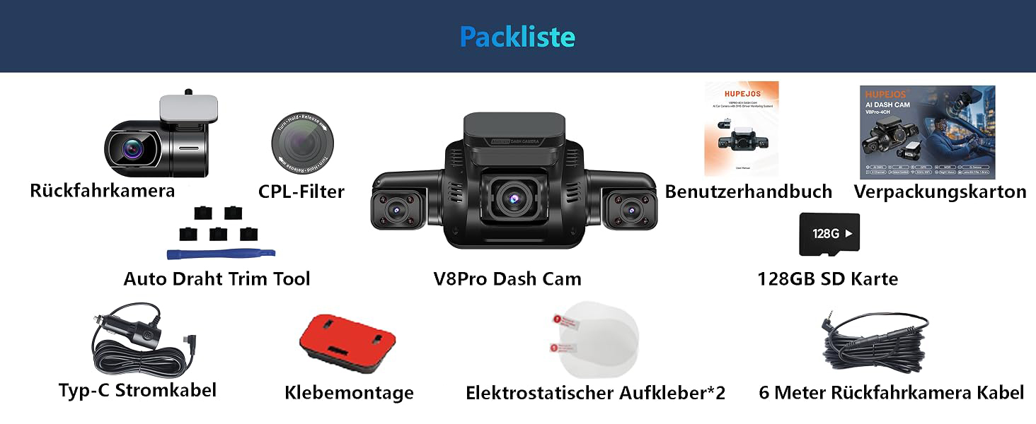 Автомобільний відеореєстратор HUPEJOS V8Pro 4K 4-канальний, 360 градусів, передня та задня камери, глянцевий чорний