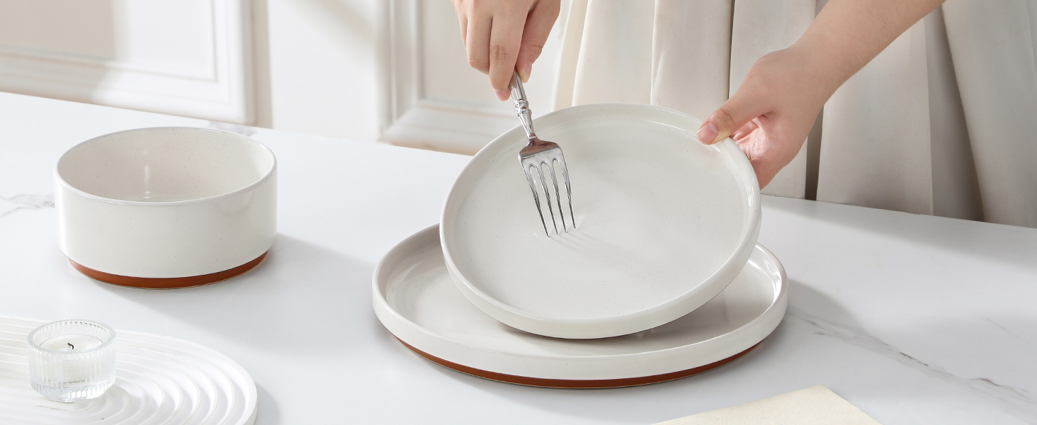 Набір посуду MALACASA з каменю (18 предметів) для 6 осіб, керамічний сервіз з глазур'ю 'сезам', білий з коричневим дном, набір тарілок та мисок