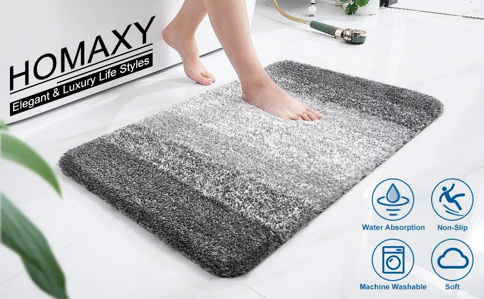 Килимок для ванної кімнати Homaxy 40x60 см, антиковзний, миючий, з м'якого флусу, мікрофібра, швидковисихаючий, сірий