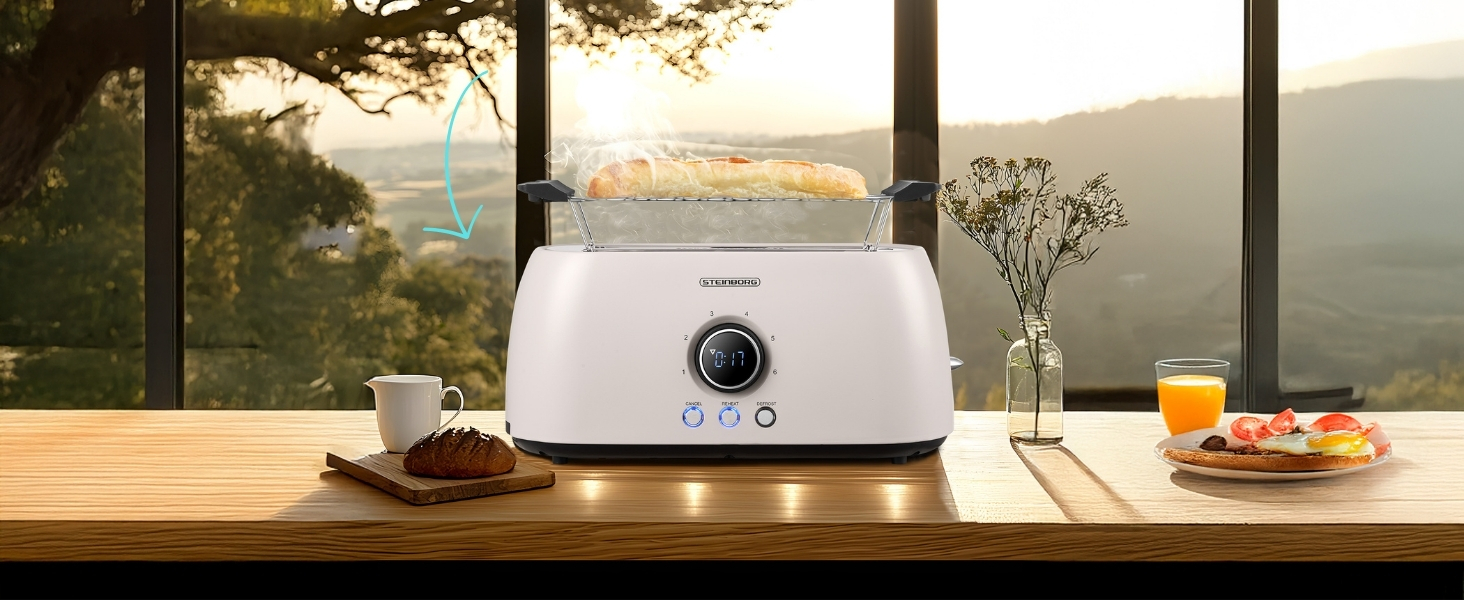 Тостер XXL 4-х секційний з підставою для бургерів | Цифровий дисплей | Автоматичне вимкнення | Тостер з широкими слотами (Бежевий Бульгур)