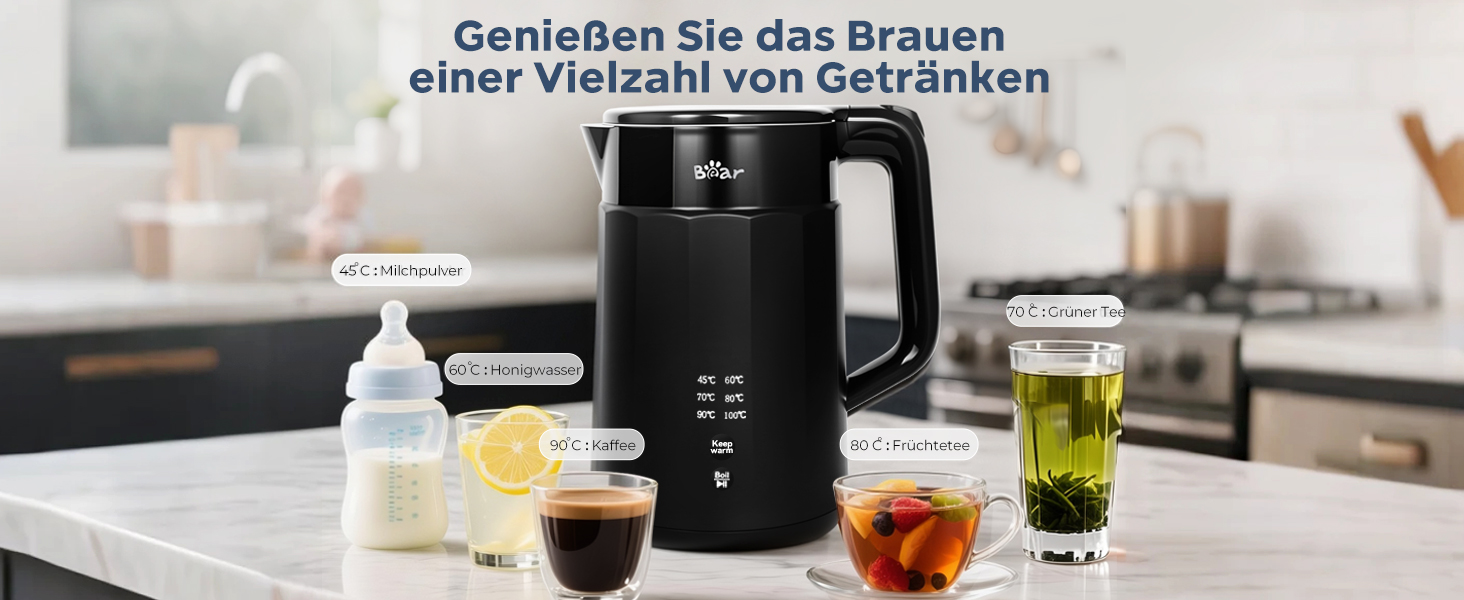 Електричний чайник Bear 1.7L з регулюванням температури, нержавіюча сталь, захист від сухого кип'яття, BPA Free