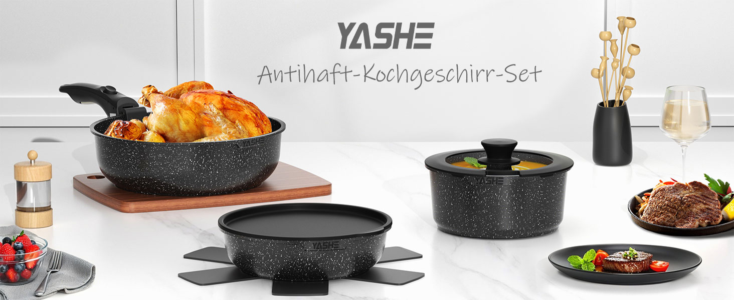 Набір кухонного посуду YASHE 15 предметів: каструлі та сковорідки з гранітно-посудовій поверхні, знімні ручки, складаний, легко миється, сумісний з індукцією, газом та склокерамікою, білий (сірий)