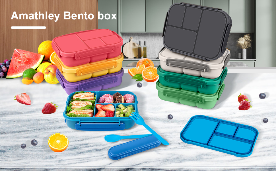 Ланчбокс для дітей та дорослих з 4 відділеннями, 1200 мл, з посудом, BPA-Free, миється в посудомийній машині, для мікрохвильовки (темно-сірий)