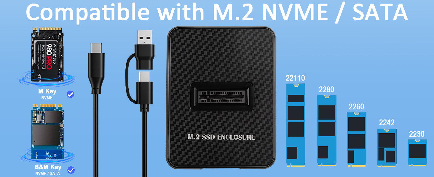Зовнішній корпус-док-станція M.2 NVMe та SATA на USB-C, адаптер для SSD з підтримкою Dual-Protocol, швидкість 10 Гбіт/с, сумісність з M Key, B+M Key (2280, 2260, 2242, 2230)