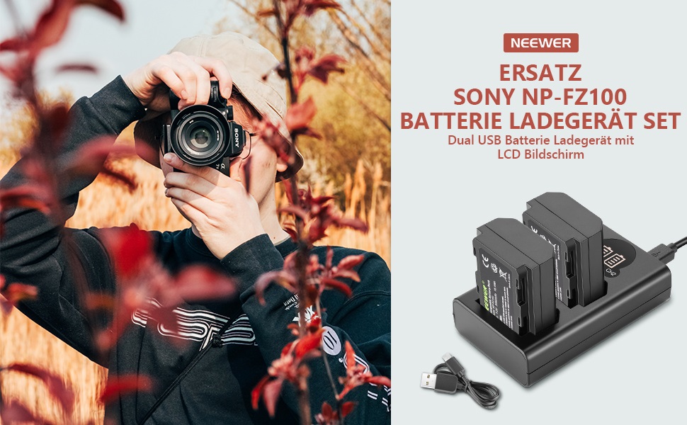 NEEWER 2 шт. Запасний акумулятор NP-FZ100 та подвійний зарядний пристрій, сумісний з Sony A9 III, A9 II, A9, A7RV, A7R IV, A7R III, A7 IV, A7 III, A6700, A6600, A7C, A1, ZV-E1, ZV-E10 II, FX3, FX30, 2280 mAh