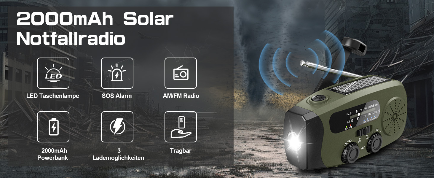 Радіо на механічній та сонячній енергії Notfall Kurbel Radio з Power Bank, USB, AM/FM, SOS-сигналом, ліхтариком - зелений