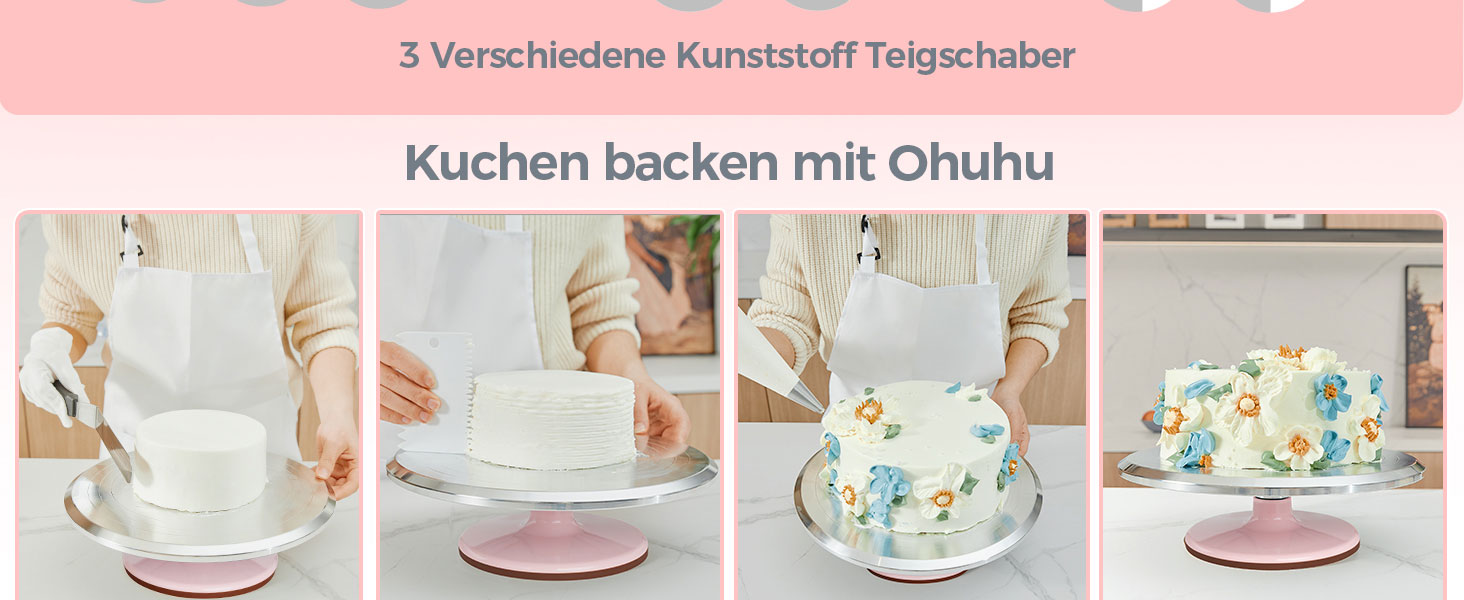 Ohuhu Поворотна платформа для тортів, 30 см, з лопатками та скребками, рожева | Для декорування та випікання
