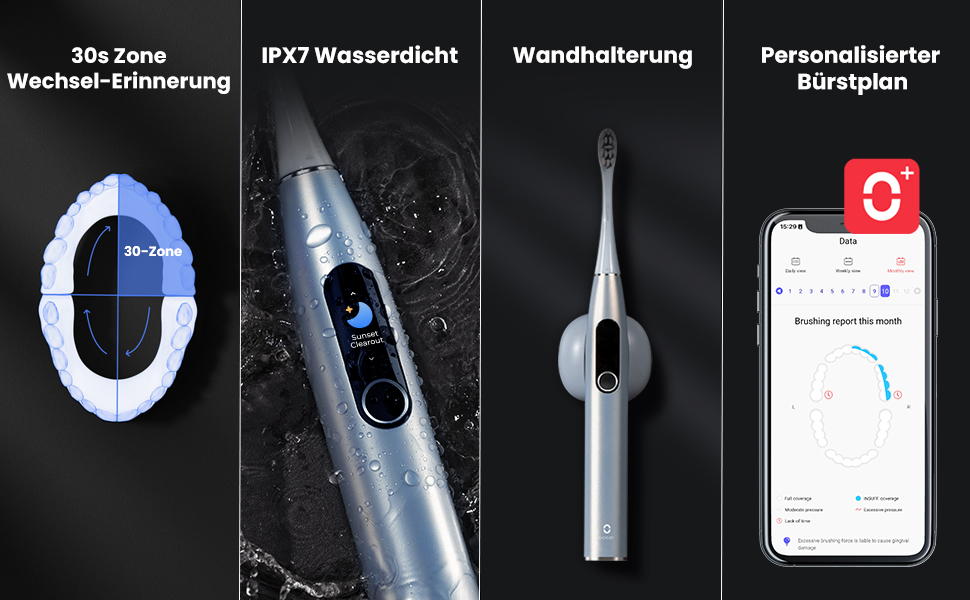 Електрична зубна щітка Oclean X Pro Digital з 4 насадками та кейсом для подорожей, звукова, з кольоровим дисплеєм, 3 режими, відстеження 8 ділянок, таймер, APP, срібляста