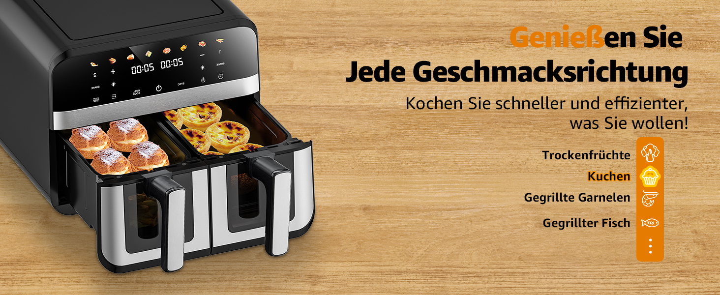 Фритюрниця повітряна Jacgood з 2 кошиками, 1800W, 9L, цифрове керування, 8 меню, з прозорим вікном