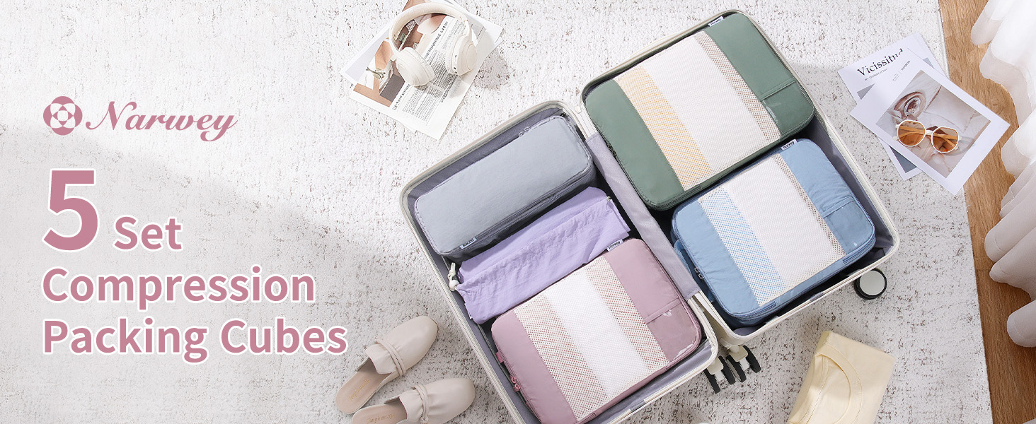 Набір органайзерів для валізи Narwey (5 шт.) - компресійні куби для подорожей, аксесуари для валізи