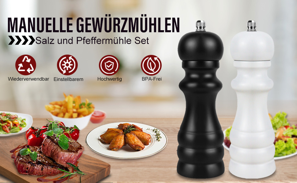 Набір для солі та перцю: ручні млини для перцю та солі, чорного кольору, великі. Дерев'яні млини для спецій з регульованою керамічною помелювальною камерою (від дрібної до грубої). 6,5 дюйми для морської солі, чилі, грубої солі (чорний та білий), 2 шт.