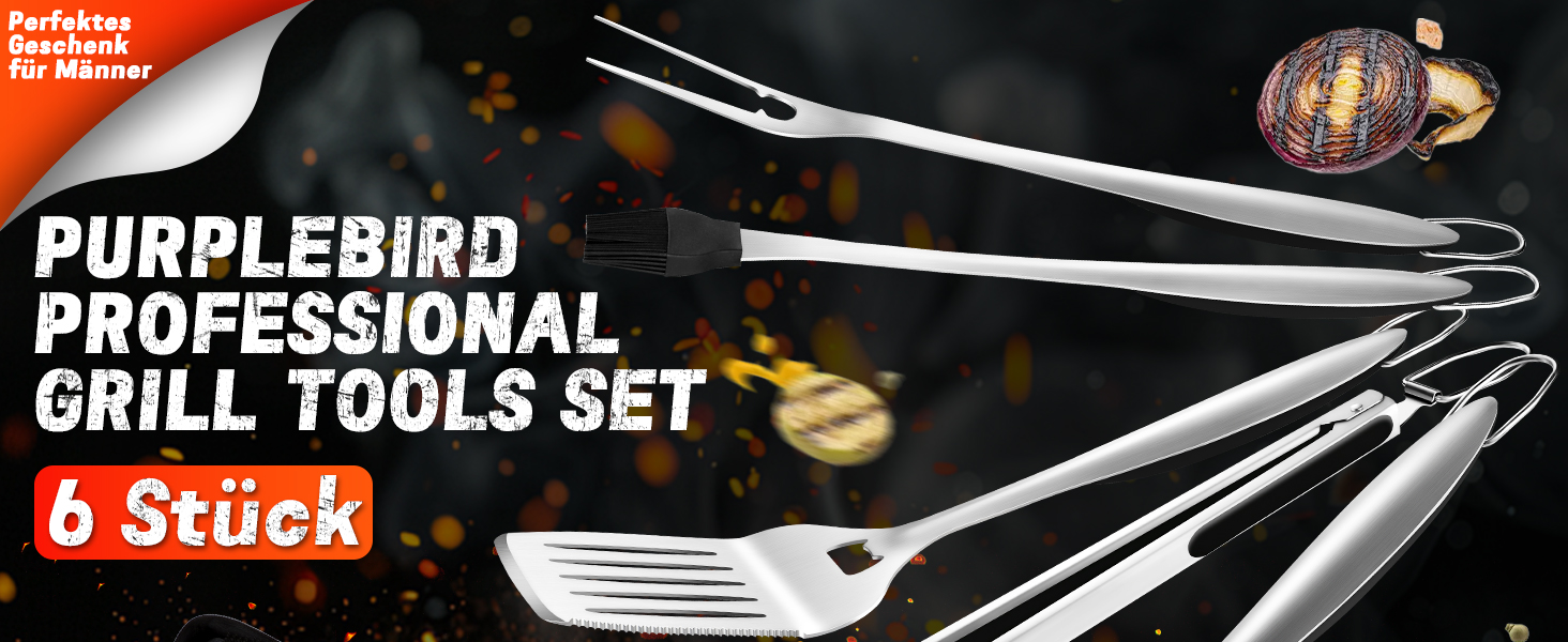 Набір аксесуарів для гриля PURPLEBIRD 31 предмет – Преміум набір гриль-посуду з нержавіючої сталі для чоловіків та жінок з сумкою, килимком для гриля, для саду, кемпінгу та дня народження (Сріблястий)