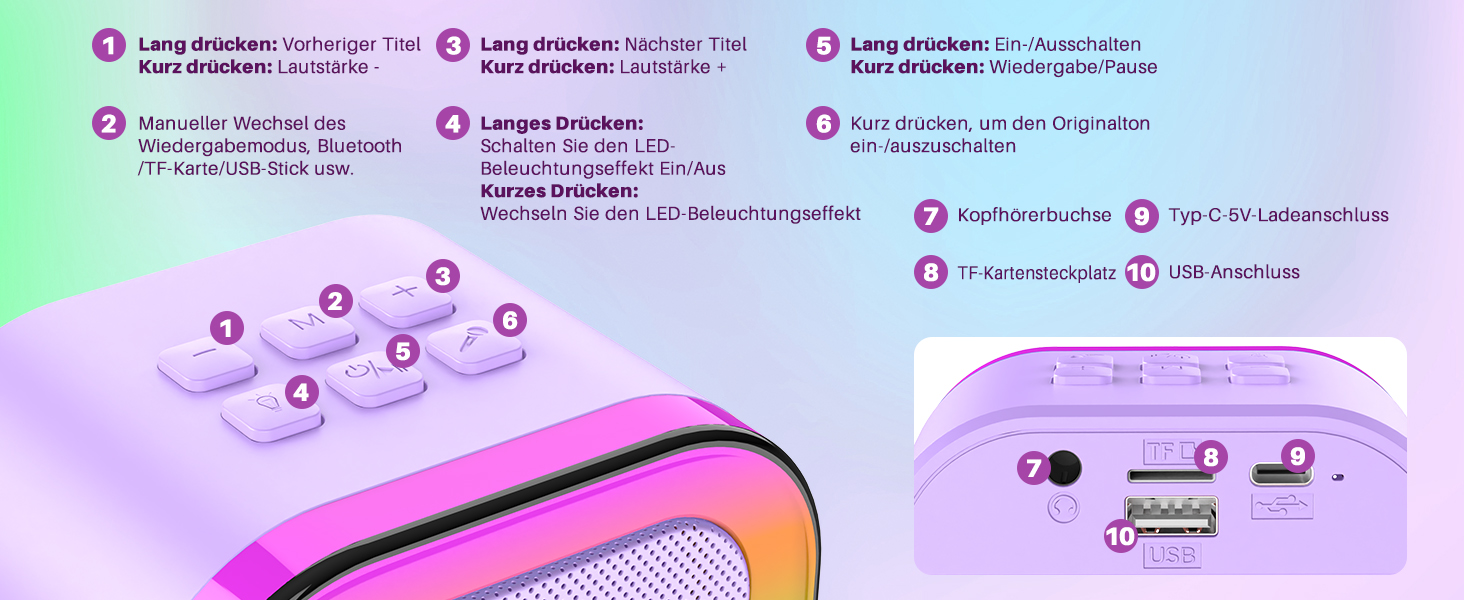 Караоке-мікрофон для дітей Dislocati 3-12 років з Bluetooth та LED-підсвіткою, фіолетовий. Портативна музична іграшка для вечірок