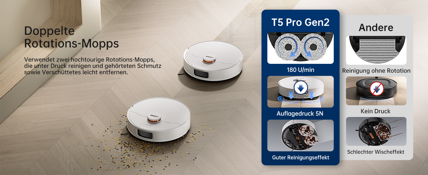 Робот-пилосос JONR T5 Pro Gen 2 з функцією миття, 15000Pa, сушка гарячим повітрям, антизаплутування, LiDAR-навігація, док-станція