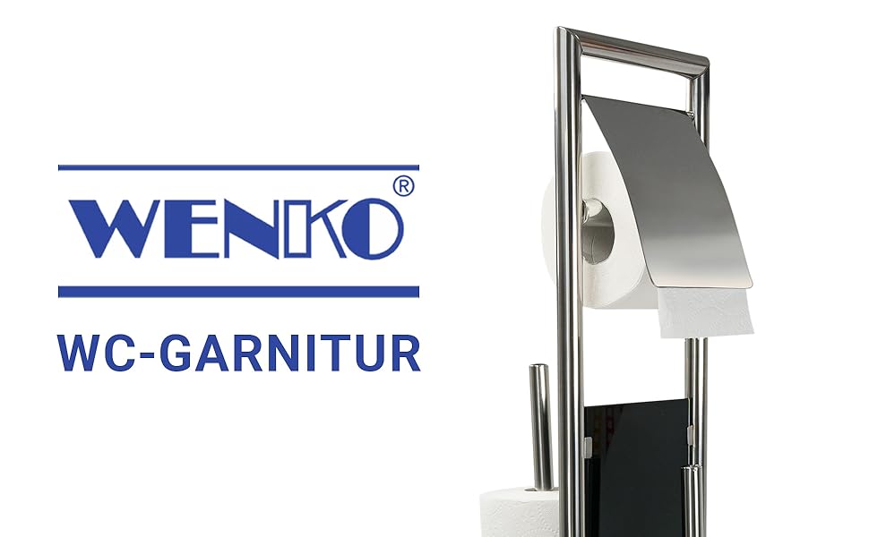 Набір для туалету WENKO Ravina 3в1 з нержавіючої сталі (тримач туалетного паперу, щітка, тримач щітки), 20 x 70 см, сріблястий/чорний