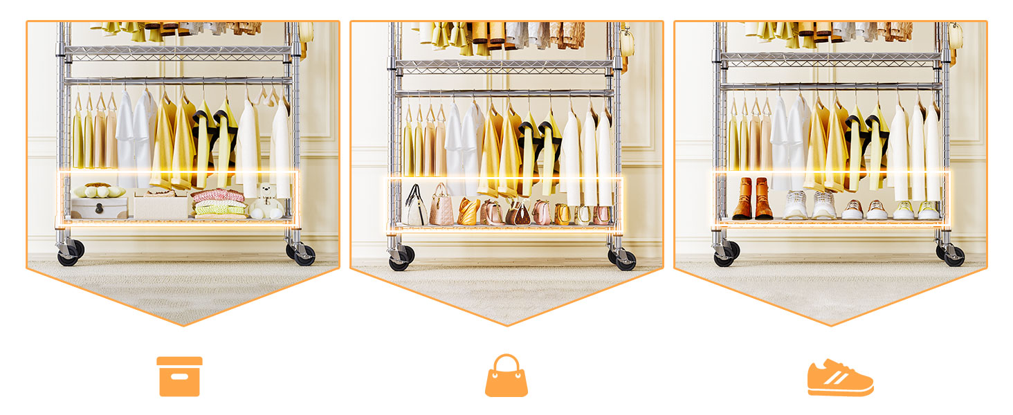 Міцний мобільний вішак для одягу з 3 рівнями, хромований. Штанга подвійна, гачки збоку, 40x75x189.3 см