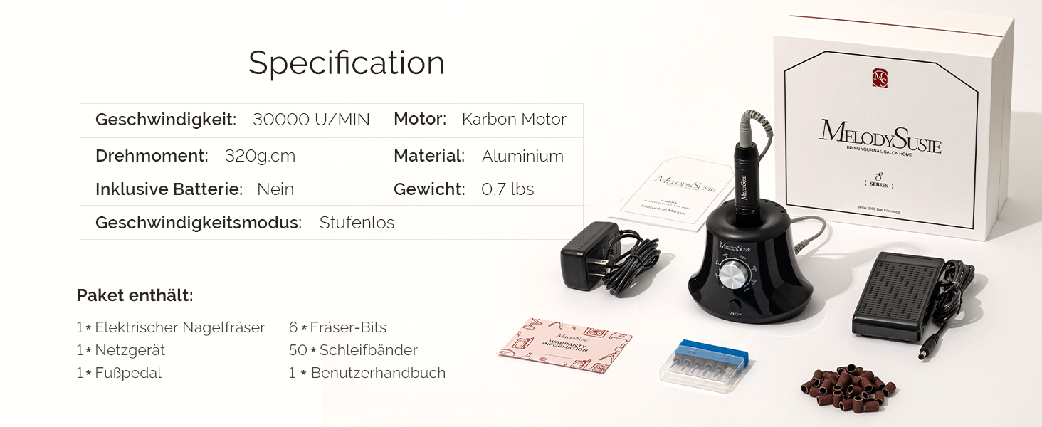 Електричний фрезер для нігтів MelodySusie 30000 об/хв: професійний набір для манікюру та педикюру з педалем. Підходить для гелю та акрилу.