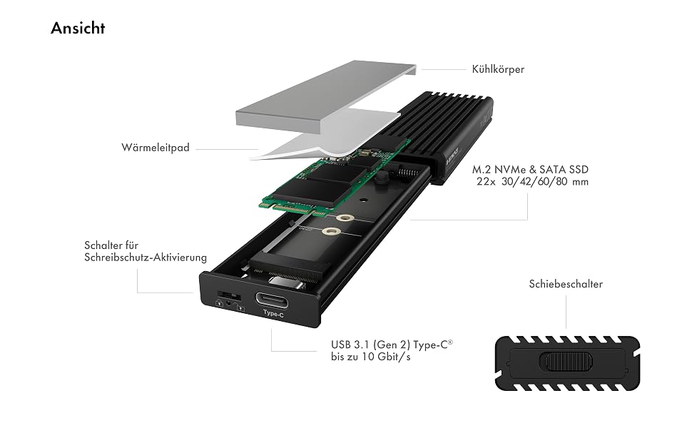 Зовнішній корпус для M.2 PCIe SSD ICY BOX Aluminium USB 3.1 Type-C IB-1817M-C31, чорний (без інструментів)