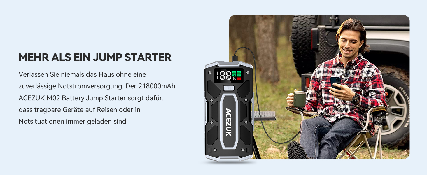 Портативний зарядний пристрій Starthilfe Powerbank 6000A для автомобіля: 7.0л бензин, 5.5л дизель, LED ліхтарик, великий екран (Чорний)