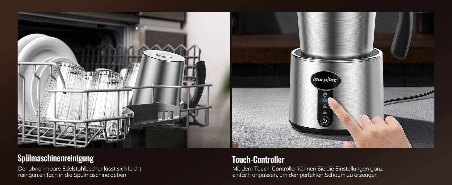 Електричний піноутворювач для молока Morpilot, 500 мл, 650 Вт, нержавіюча сталь, миється в посудомийній машині, для гарячого та холодного молока, шоколаду, антипригарне покриття