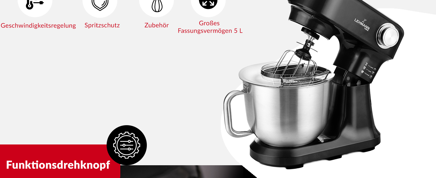 Кухонний комбайн-міксер LEHMANN з набором аксесуарів, 1500 Вт, 12 швидкостей, чаша 5 л, захист від перегріву, планетарний міксер з 3 насадками та захистом від бризок, чорний