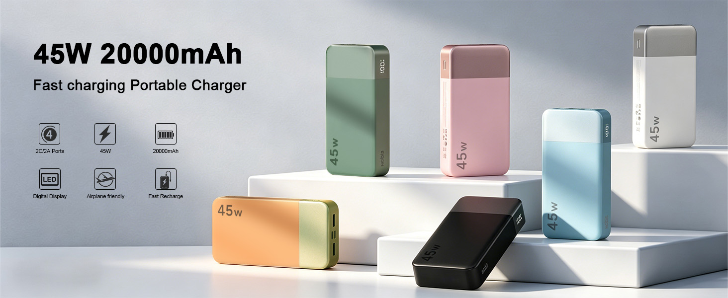 Power Bank NOBIS 20000mAh 45W Чорний: швидка зарядка USB-C/USB-A, цифровий дисплей, режим для малопотужних пристроїв