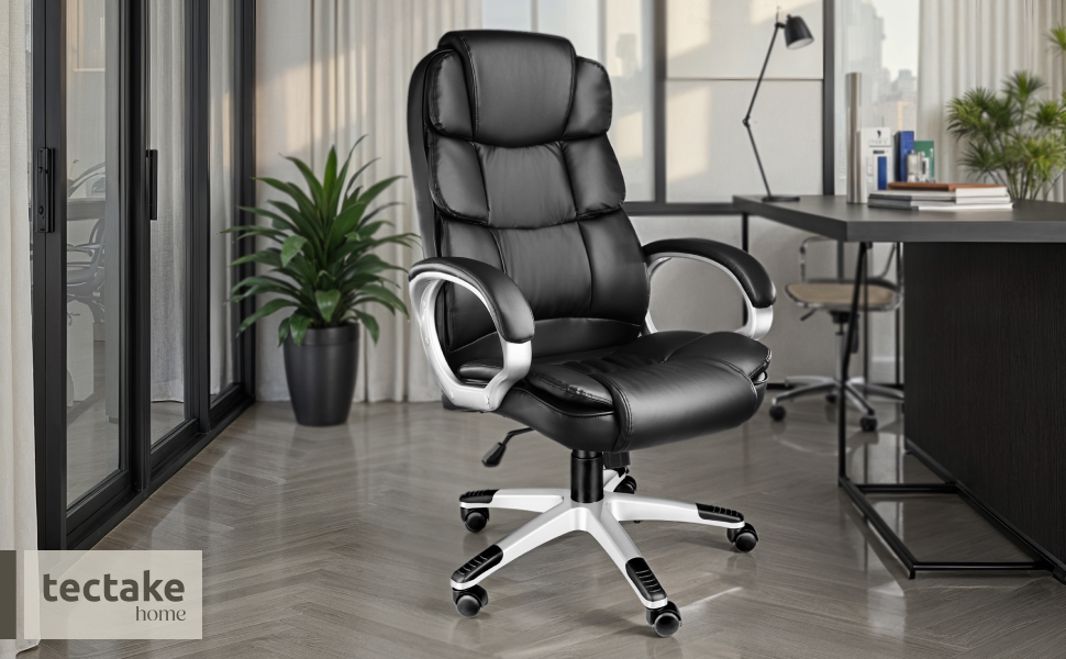 Офісне крісло tectake® з підлокітниками, регулюванням висоти та функцією гойдання, чорне, з підкладкою 12 см, оббивка під шкіру