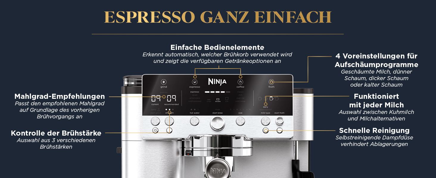 Ninja Luxe 2-в-1 кавомашина з вбудованим млином та капучинатором для лате, капучино та еспресо, срібна, ES501EU (Premier)