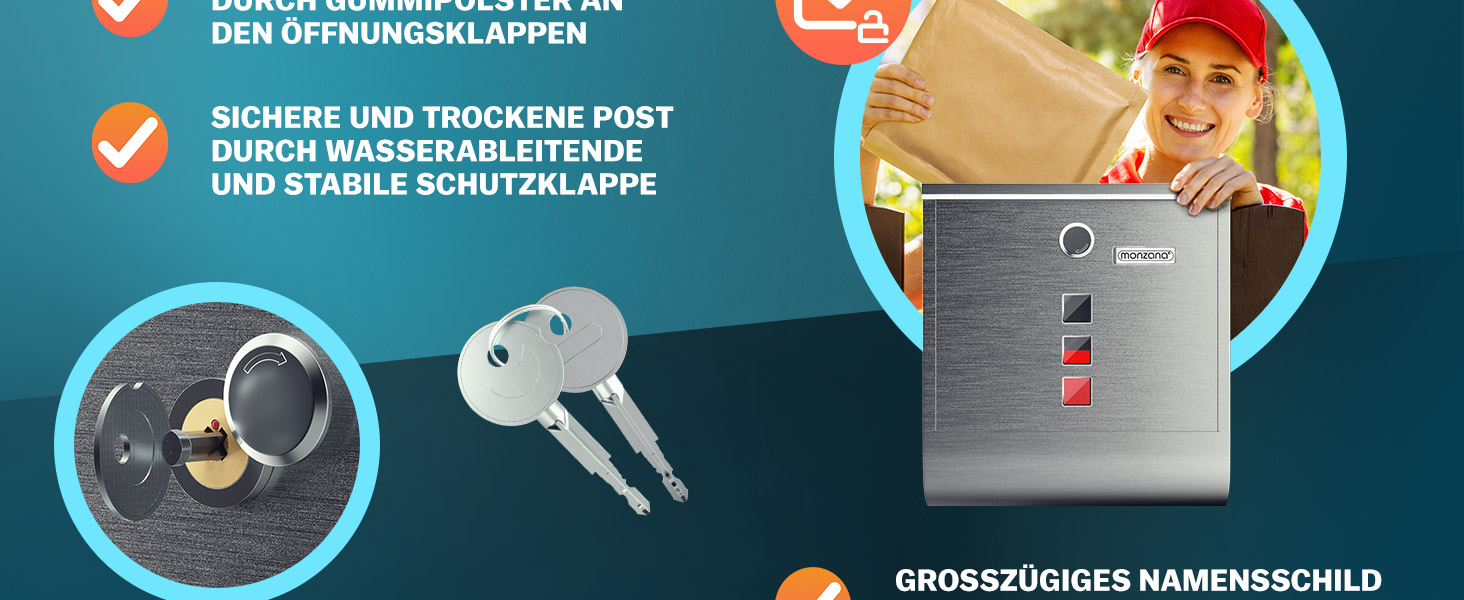 Поштовий ящик Monzana Kreuzschloss з мідним циліндром, поворотна кришка, 31x10x34 см, вікно, табличка для імені, відділ для газет, сталь, 2 ключі, чорно-срібний