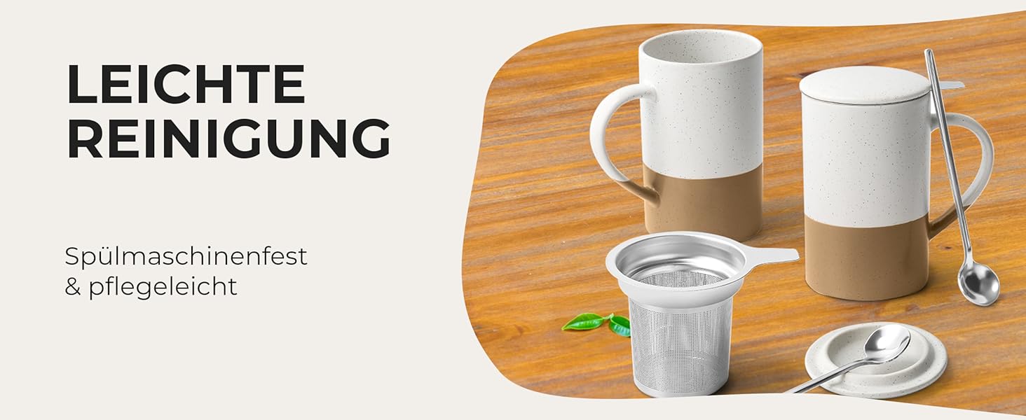 Набір чайних чашок Miamio 2 x 500 мл з кришкою та ситом, керамічні чашки з чайним ситечком та ложкою для заварювання листового чаю, подарунок для жінок, підходить для мікрохвильової печі та посудомийної машини (колір: коричневий)