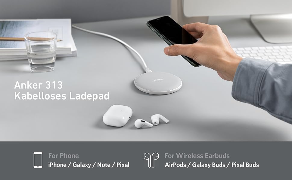 Бездротовий зарядний пристрій Anker 313, Qi-сертифікований, 10W, для iPhone 17/16/15/14/13, SE 2020, AirPods (без адаптера живлення)