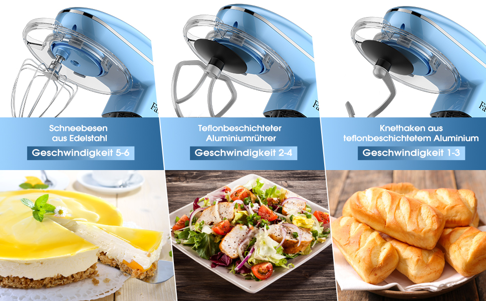 Кухонна машина Facelle 1500W з нержавіючою чашею 6.2L, 6 швидкостей, комплект насадок (міксер, гак для тіста, вінчик, сплеск-захист), блакитна