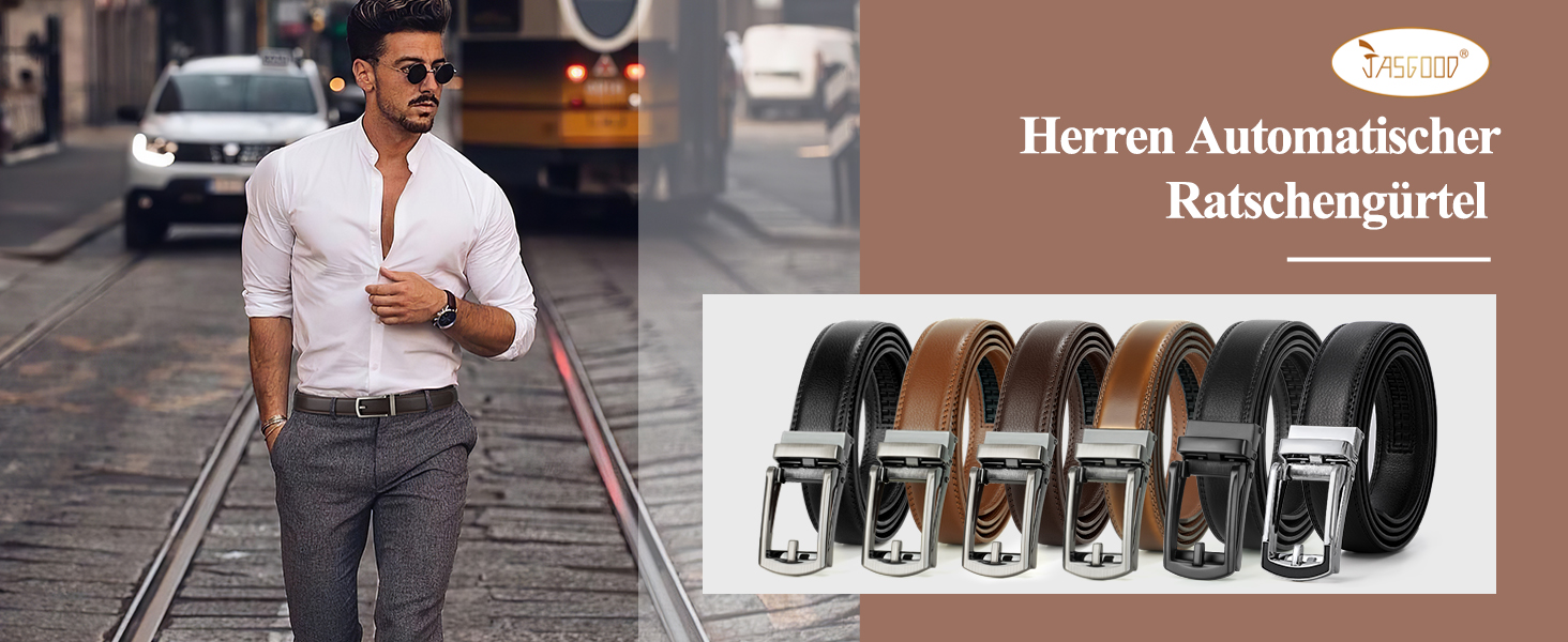 Чоловічий шкіряний ремінь JasGood з автоматичною пряжкою, 33 мм, регульований, для костюма, бізнесу, повсякденного носіння, D-коричневий, 115 см (підходить для обхвату талії 85-100 см)