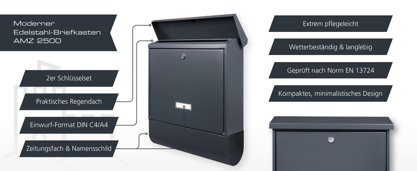 Поштовий ящик Burg-Wächter AMZ 2500 NI антрацит з газетницею та табличкою для імені, формат DIN C4, 2 ключі, нержавіюча сталь