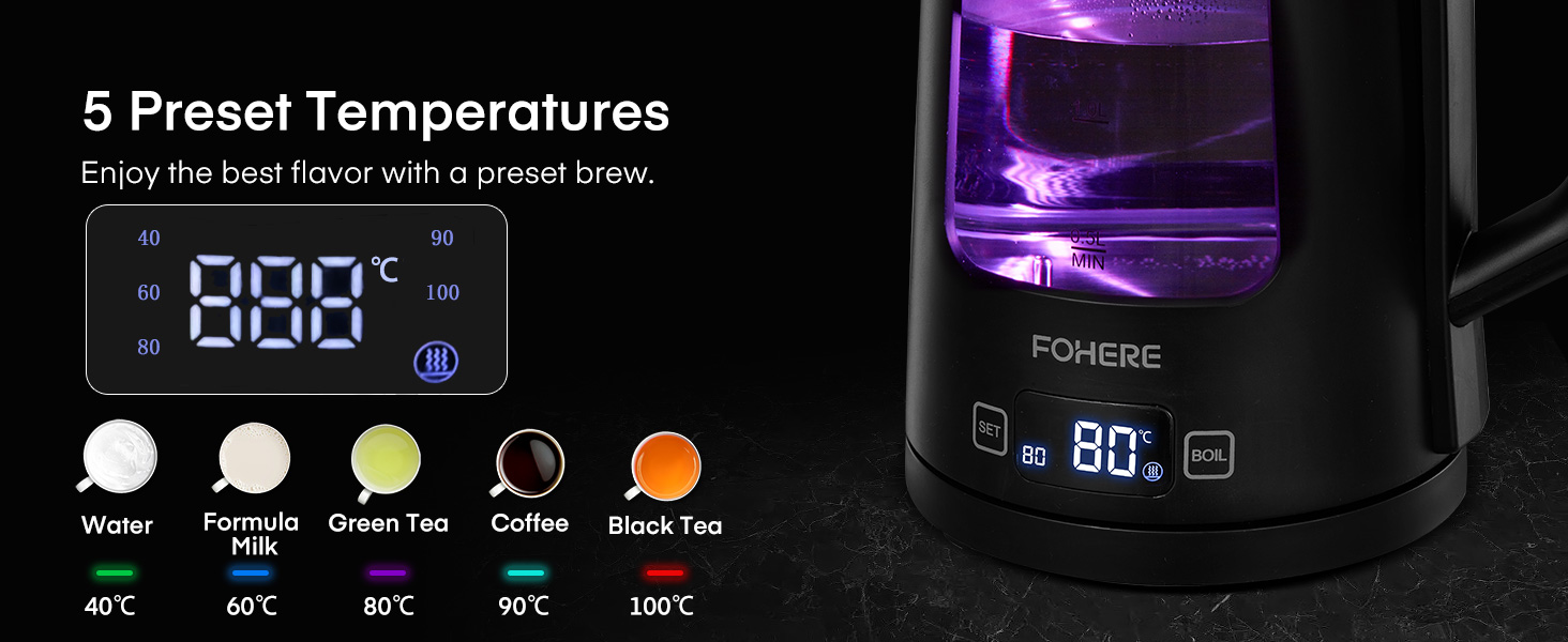 Electric Kettle with Temperature Control - 1.7L Glass Kettle with Keep Warm Function, 2200W Fast Boil, Auto Shut-Off & Dry Boil Protection, 5 Color LED Lights - Black