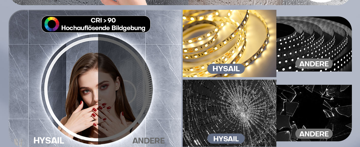 Дзеркало для ванної кімнати HySail з підсвічуванням, 5 мм, висока роздільна здатність, срібне покриття, 3 колірні температури та регульована яскравість, настінне дзеркало з сенсорним вимикачем та антизапарюючим покриттям, кругле (3 кольори + регулювання + дзеркало для макіяжу, 80x80 см)