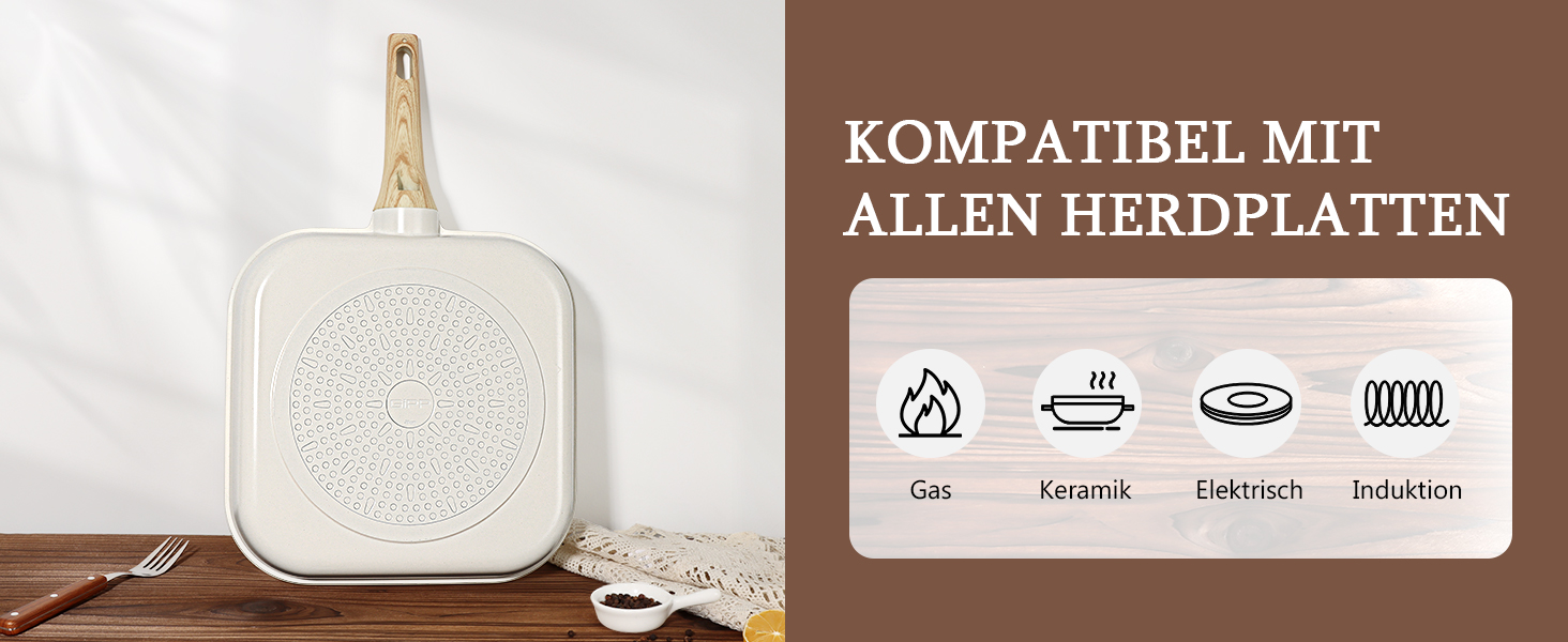 GiPP Гриль-сковорода 28x28 см для стейків, алюмінієва з гранітним антипригарним покриттям, індукція, без PFOA, для всіх плит, біла