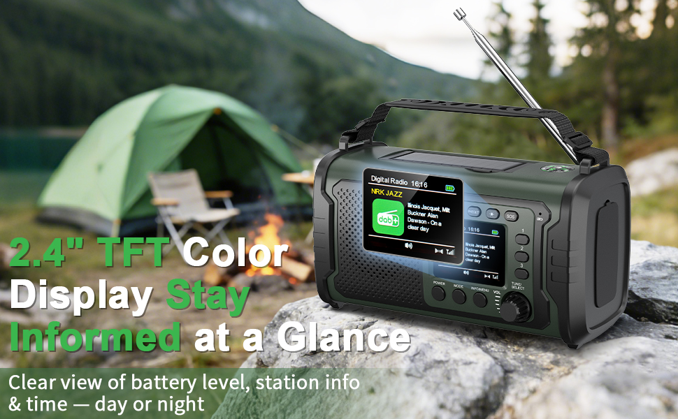 Радіостанція невідкладної допомоги 27000mAh з ручним заводом, сонячною панеллю, USB-зарядкою, Bluetooth 5.3, функцією Powerbank, SOS-сигналом, ліхтарем, лампою для читання, компасом, слотом для TF-карти та міцним Outdoor-дизайном, армійного кольору