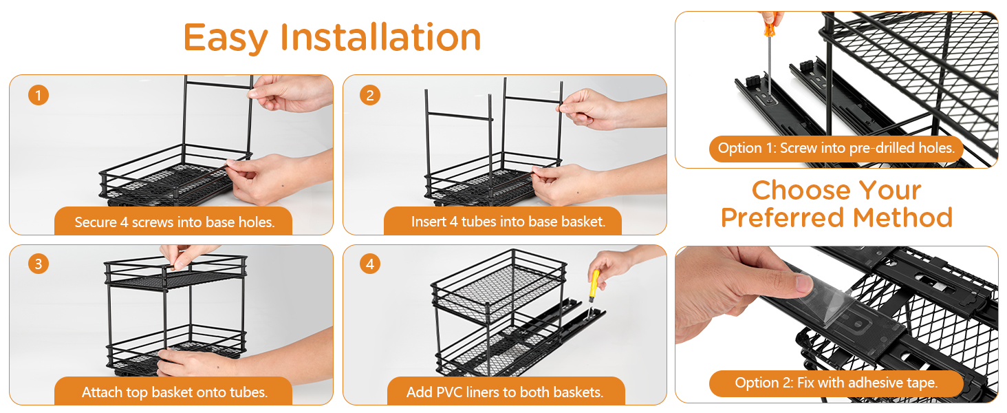VINATO Висувна полиця для спецій на 2 яруси – органайзер для кухні з роликовими направляючими, підставка для спецій у шафку, полиця для спецій без свердління (26x15x21,8 см)