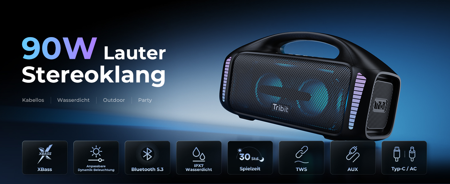 Tribit StormBox Blast – Портативна Bluetooth колонка 140 Вт, XBass, IPX7, 30 год, LED, для вечірок, пляжу, кемпінгу