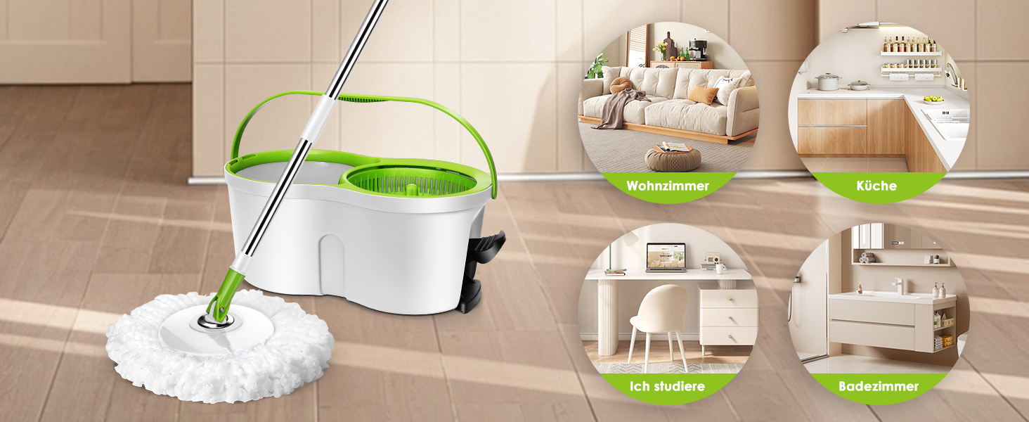 Набір для миття підлоги з відром, 2 в 1: відро для миття з віджимом та моп, моп з педальним віджимом, регульована сталева стійка та 3 мікрофібрових насадок, набір для миття підлоги, відро з педальним віджимом, білий + жовто-зелений