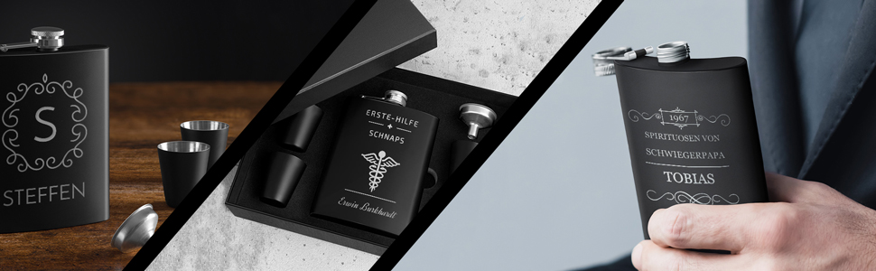 Набір Maverton Flachmann Set: фляга 200 мл з гравіюванням + 4 склянки для шнапсу 20 мл та воронка - фляга для чоловіків, матовий чорний колір