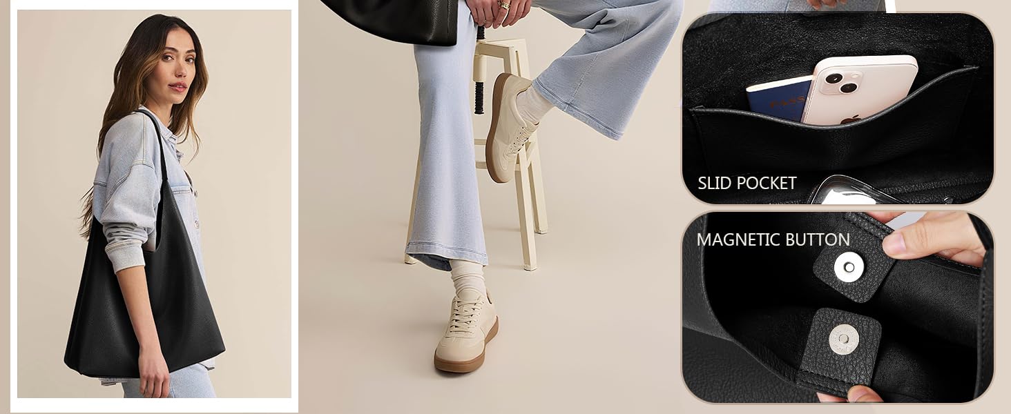 Сумка жіноча KALIDI Shopper Hobo з PU шкіри, чорна, велика для роботи, школи, повсякденна з кнопкою