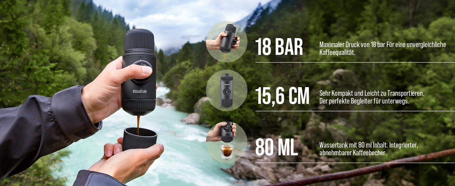 Портативна кавоварка WACACO Nanopresso, 18 Бар, ручна, для подорожей, кемпінгу та походів, оновлена версія Minipresso, помаранчева, без чохла