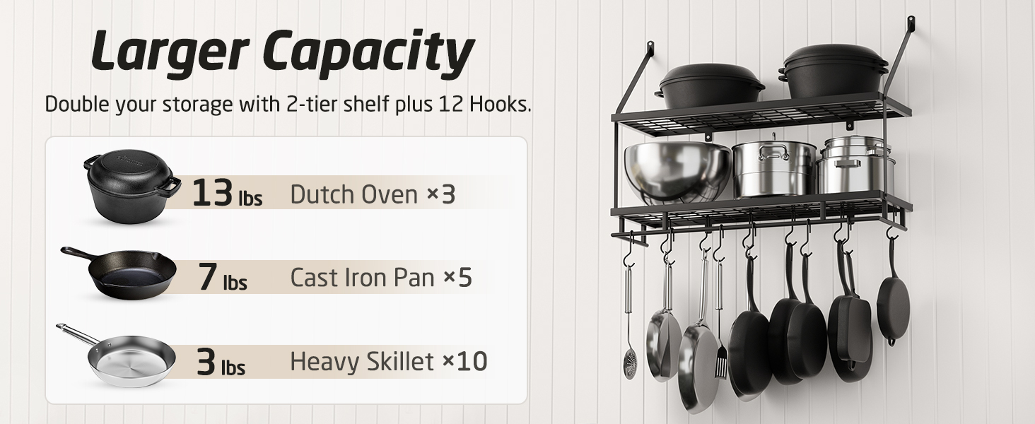 KES Double Kitchen Shelf Pan Holder Kitchen Utensil Holder Kitchen Pan Holder with 12 Hooks Hanging Shelf Pot Wall Shelf 75CM Wall Mounting Matt Black, KUR215S75B-BK