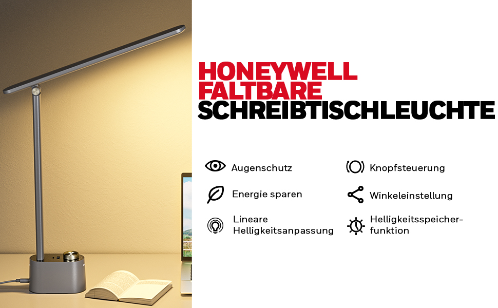 Лампа настільна Honeywell з USB-портом – регульована, для очей, для дому/офісу, складана, портативна, сіра, HWT-H01